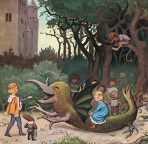 挿絵14 (トムテとトロルの子供たちによって元に戻った枯れ木ドラゴン） [エルサ・ベスコフ, カイとカイサのぼうけんより]のサムネイル画像