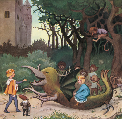 挿絵14 (トムテとトロルの子供たちによって元に戻った枯れ木ドラゴン） [エルサ・ベスコフ, カイとカイサのぼうけんより] パブリックドメイン画像 