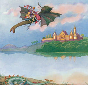挿絵9 (カイとカイサとお姫様と若者を乗せて飛ぶ枯れ木ドラゴン） [エルサ・ベスコフ, カイとカイサのぼうけんより]のサムネイル画像