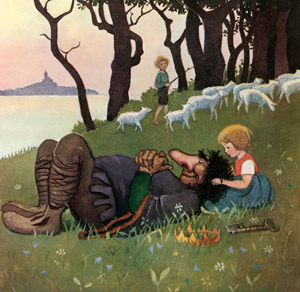 挿絵7 (トロルの王様を膝枕して歌を歌うカイサ） [エルサ・ベスコフ, カイとカイサのぼうけんより]のサムネイル画像