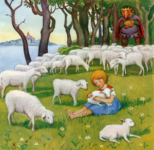 挿絵6 (子羊に子守唄を歌うカイサ） [エルサ・ベスコフ, カイとカイサのぼうけんより]のサムネイル画像
