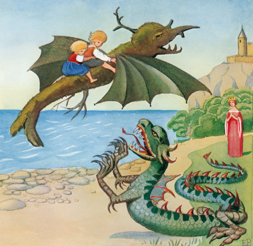 挿絵4 (襲い掛かる見張りドラゴンとカイとカイサを乗せて飛ぶ枯れ木ドラゴン） [エルサ・ベスコフ, カイとカイサのぼうけんより] パブリックドメイン画像 