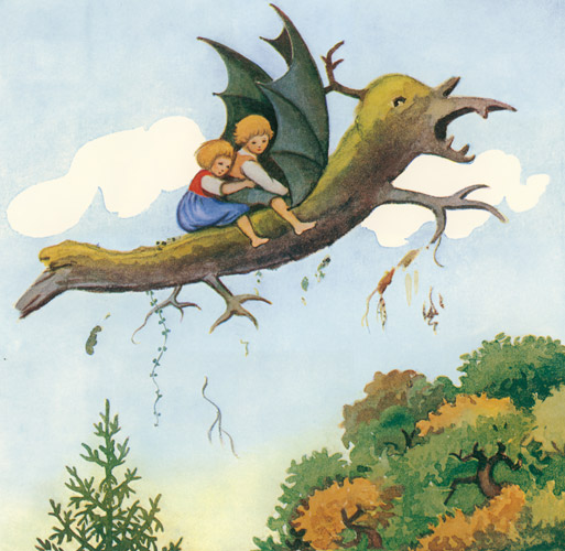 挿絵2 (魔法をかけられた枯れ木ドラゴンに乗って空を飛ぶカイとカイサ） [エルサ・ベスコフ, カイとカイサのぼうけんより] パブリックドメイン画像 