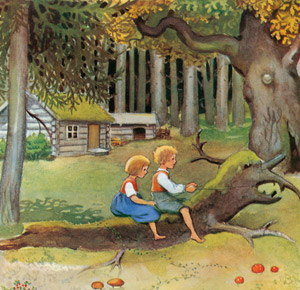 挿絵1 (ドラゴンのようなが倒木に乗って遊ぶカイとカイサ） [エルサ・ベスコフ, カイとカイサのぼうけんより]のサムネイル画像