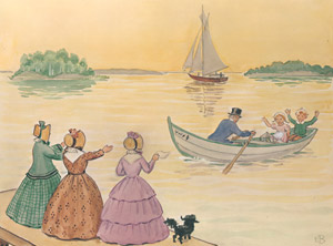 挿絵16（ボートに乗って3人のおばさんが立つ桟橋に帰ってくるあおおじさんとペッテルとロッタ） [エルサ・ベスコフ, あおおじさんのあたらしいボートより]のサムネイル画像
