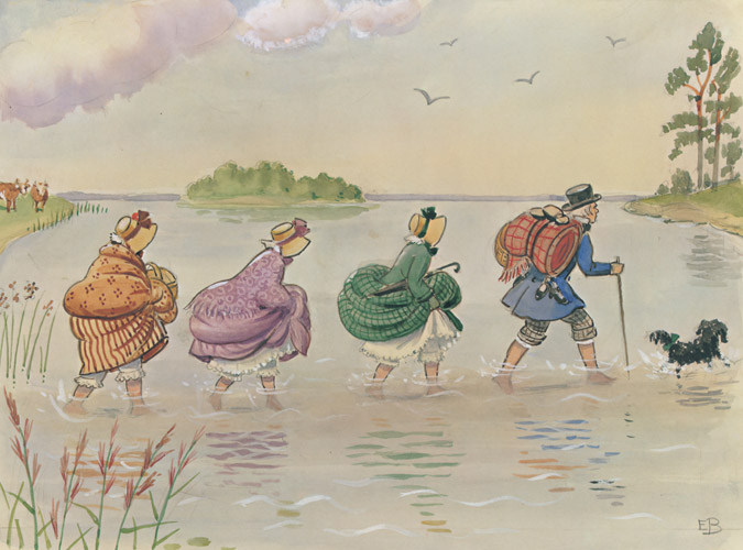 挿絵11（浅瀬を渡る犬とあおおじさんと3人のおばさん） [エルサ・ベスコフ, あおおじさんのあたらしいボートより] パブリックドメイン画像 