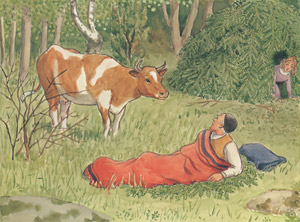 挿絵10（牛に起こされるあおおじさんと小屋から這い出すむらさきおばさん） [エルサ・ベスコフ, あおおじさんのあたらしいボートより]のサムネイル画像