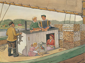 挿絵8（助けてもらった帆船に乗るペッテルとロッタ） [エルサ・ベスコフ, あおおじさんのあたらしいボートより]のサムネイル画像