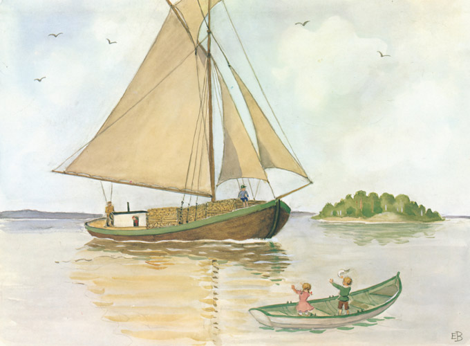 挿絵7（帆船の船長に助けを求めるオールを失ったペッテルとロッタ） [エルサ・ベスコフ, あおおじさんのあたらしいボートより] パブリックドメイン画像 