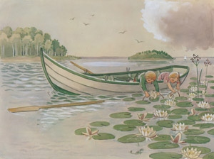 挿絵6（スイレンの花を取ろうとボートから身を乗り出すペッテルとロッタと流れるオール） [エルサ・ベスコフ, あおおじさんのあたらしいボートより]のサムネイル画像