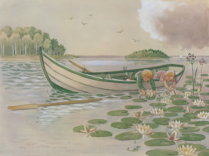 挿絵6（スイレンの花を取ろうとボートから身を乗り出すペッテルとロッタと流れるオール） [エルサ・ベスコフ, あおおじさんのあたらしいボートより] パブリックドメイン画像 