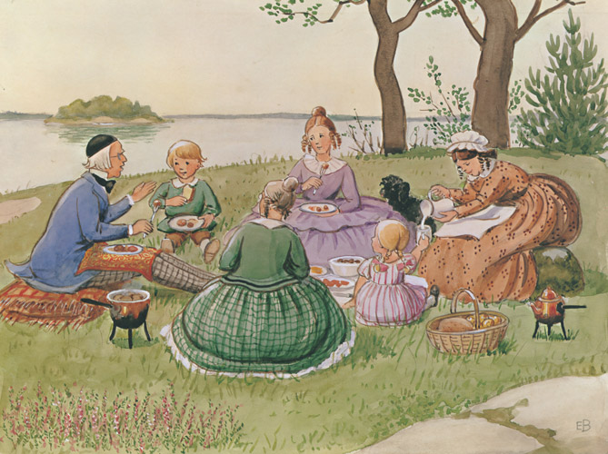 挿絵5（昼食をとるペッテルとロッタと3人のおばさんとあおおじさん） [エルサ・ベスコフ, あおおじさんのあたらしいボートより] パブリックドメイン画像 