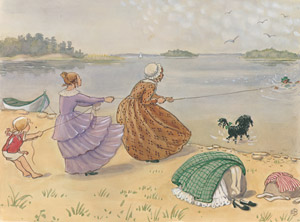 挿絵4（湖で泳ぐみどりのおばさんを紐で引き上げる二人のおばさんとロッタ） [エルサ・ベスコフ, あおおじさんのあたらしいボートより]のサムネイル画像