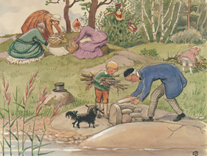 挿絵3（竈を作るあおおじさんと薪を集めるペッテルとロッタとお皿を並べる3人のおばさん） [エルサ・ベスコフ, あおおじさんのあたらしいボートより]のサムネイル画像