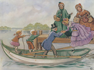 挿絵2（あおおじさんが買ったボートに乗り込むペッテルとロッタと3人のおばさん） [エルサ・ベスコフ, あおおじさんのあたらしいボートより]のサムネイル画像