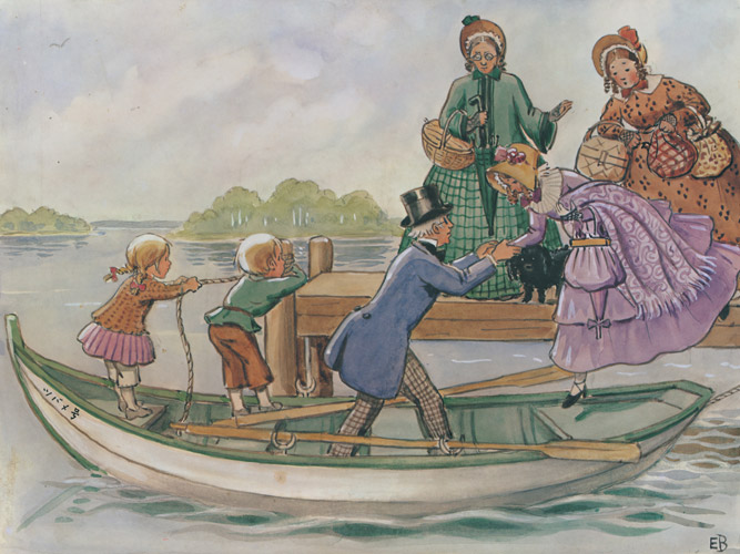 挿絵2（あおおじさんが買ったボートに乗り込むペッテルとロッタと3人のおばさん） [エルサ・ベスコフ, あおおじさんのあたらしいボートより] パブリックドメイン画像 