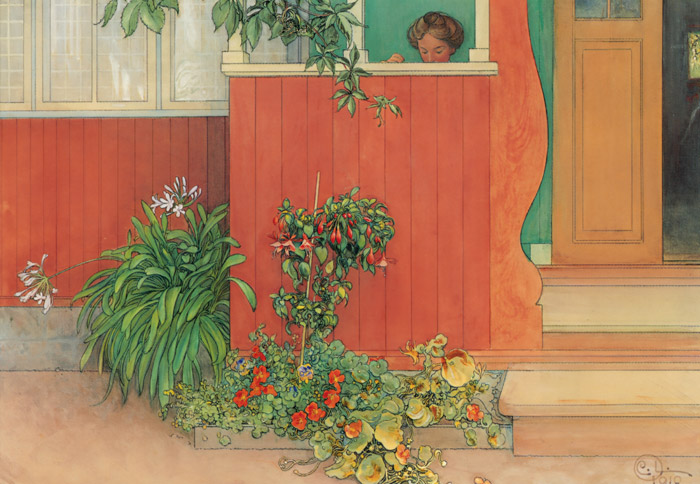 玄関ポーチのスザンヌ [カール・ラーション, 1910年, スウェーデンの国民画家 カール・ラーション展より] パブリックドメイン画像 
