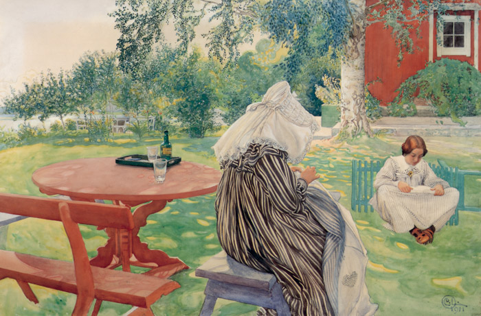 夏の日、庭にいるカーリンとブリータ [カール・ラーション, 1911年, スウェーデンの国民画家 カール・ラーション展より] パブリックドメイン画像 