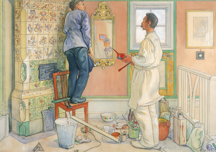 大工と塗装職人 [カール・ラーション, 1909年, スウェーデンの国民画家 カール・ラーション展より] パブリックドメイン画像 
