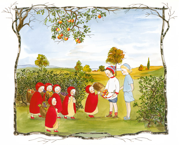 挿絵5 (男の子にリンゴを分けるローズヒップの子供たち） [ジビュレ・フォン オルファース, かぜさんより] パブリックドメイン画像 