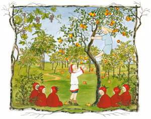 挿絵4 (リンゴの木をゆすって実を落とすかぜさん） [ジビュレ・フォン オルファース, かぜさんより]のサムネイル画像