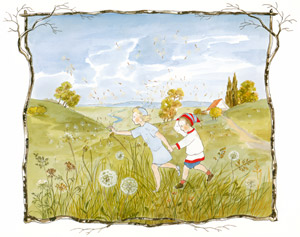 挿絵3 (男の手を取って走るかぜさんと舞い上がるタンポポの綿毛） [ジビュレ・フォン オルファース, かぜさんより]のサムネイル画像