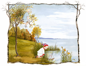 挿絵1 (木の枝に腰を下ろすかぜさんと玩具の船を浮かべて遊ぶ男の子） [ジビュレ・フォン オルファース, かぜさんより]のサムネイル画像