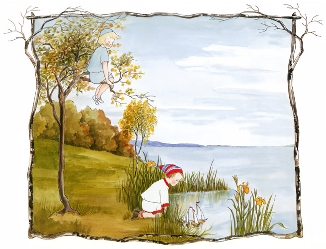挿絵1 (木の枝に腰を下ろすかぜさんと玩具の船を浮かべて遊ぶ男の子） [ジビュレ・フォン オルファース, かぜさんより] パブリックドメイン画像 
