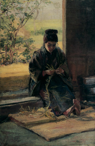 藁を編む少女 [和田英作, 1896年, 和田英作展より] パブリックドメイン画像 