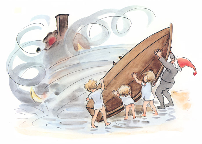 挿絵11 (ボートに汲んだ水をかけるおじさんと子供たち） [エルサ・ベスコフ, ぼうしのおうちより] パブリックドメイン画像 