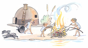 挿絵8 (洗濯する為のお湯を沸かすために火を起こす子供たち） [エルサ・ベスコフ, ぼうしのおうちより]のサムネイル画像