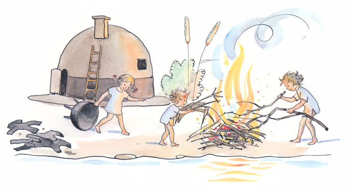 挿絵8 (洗濯する為のお湯を沸かすために火を起こす子供たち） [エルサ・ベスコフ, ぼうしのおうちより] パブリックドメイン画像 