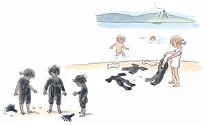 挿絵7 (湖ですすだらけになった体を洗う子供たち） [エルサ・ベスコフ, ぼうしのおうちより]のサムネイル画像
