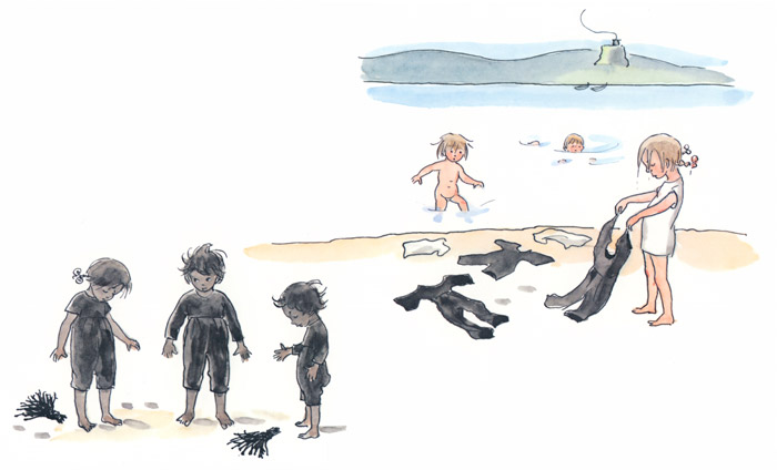 挿絵7 (湖ですすだらけになった体を洗う子供たち） [エルサ・ベスコフ, ぼうしのおうちより] パブリックドメイン画像 