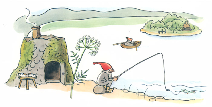 Plate 1 (The little man fishing in the lake) [Elsa Beskow,  from The Children of Hat Cottage]