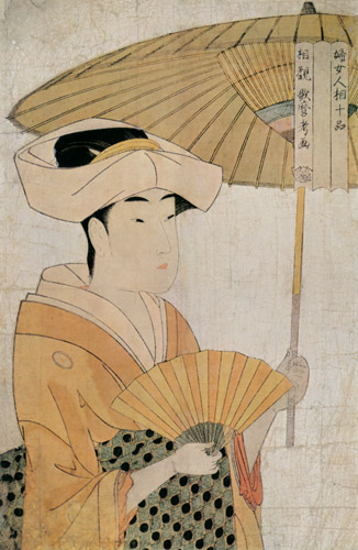 婦女人相十品 扇子を持ち日傘をさす女 [喜多川歌麿, 1792–1793年, 浮世絵聚花 ボストン美術館3より] パブリックドメイン画像 