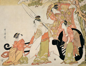 Four Beauties in a Parody of the Carriage-pulling Scene [Kitagawa Utamaro, 1793, from Ukiyo-e shuka; Museum of Fine Arts Boston III] Thumbnail Images