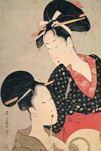 Women Holding a Pipe and a Round Fan [Kitagawa Utamaro,  from Ukiyo-e shuka; Museum of Fine Arts Boston III] Thumbnail Images