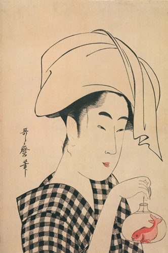金魚鉢を下げる女 [喜多川歌麿, 浮世絵聚花 ボストン美術館3より] パブリックドメイン画像 