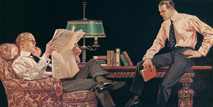 読書する男たち [アロー・カラーの広告] [J・C・ライエンデッカー, 1914年, The J. C. Leyendecker Poster Bookより] パブリックドメイン画像 