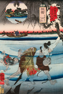 ITABASHI: Inuzuka Shino with Hikiroku, Samojirō, and Dotarō [Utagawa Kuniyoshi,  from The Sixty-nine Stations of the Kisokaido] Thumbnail Images