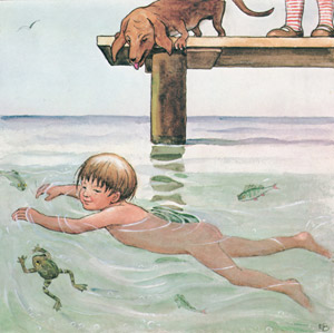 挿絵12 (魚やカエルたちと泳ぐ男の子のトーマスと桟橋の上から見ている姉のシャスティンと犬のダックス） [エルサ・ベスコフ, しりたがりやのちいさな魚のお話より]のサムネイル画像