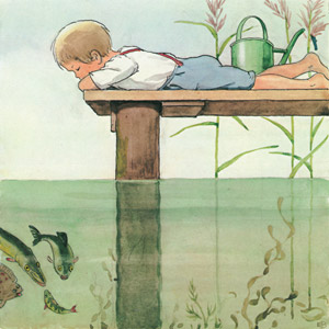 挿絵11 (桟橋の上から魚たちを見ているうちに眠ってしまう男の子のトーマス） [エルサ・ベスコフ, しりたがりやのちいさな魚のお話より]のサムネイル画像