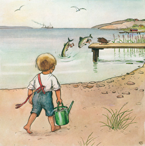 挿絵10 (湖に帰るテンテンおばさんたちとスイスイをじょうろに入れて運ぶ男の子トーマス） [エルサ・ベスコフ, しりたがりやのちいさな魚のお話より] パブリックドメイン画像 