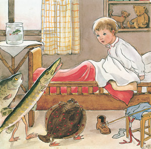 挿絵9 (スイスイを助けにトーマスの元を訪ねるテンテンおばさんたち） [エルサ・ベスコフ, しりたがりやのちいさな魚のお話より]のサムネイル画像