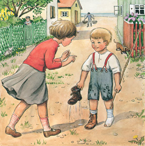 挿絵5 (スイスイを入れた靴を持つ男の子のトーマスと近づくお姉さんのシャスティン） [エルサ・ベスコフ, しりたがりやのちいさな魚のお話より]のサムネイル画像