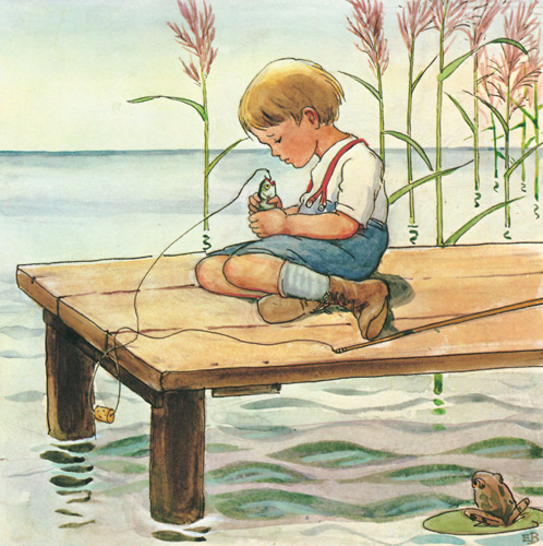 挿絵4 (スイスイを釣り上げた男の子） [エルサ・ベスコフ, しりたがりやのちいさな魚のお話より] パブリックドメイン画像 