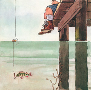 挿絵3 (釣り針のついた餌に引き寄せられるスイスイ） [エルサ・ベスコフ, しりたがりやのちいさな魚のお話より]のサムネイル画像