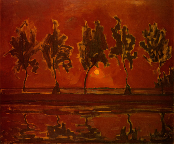 Bomen aan het Gein bij opkomende maan [Piet Mondrian, 1907-08, from Mondrian: 1872-1944: Structures in Space]