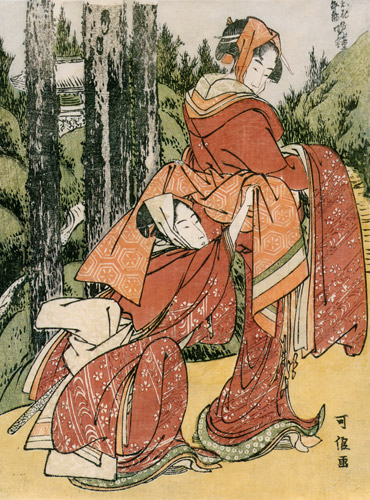 Evening Bell for Oume and Kumenosuke (Eight Views of Tragic Lovers) [Katsushika Hokusai, 1798, from Meihin Soroimono Ukiyo-e 9: Hokusai II]